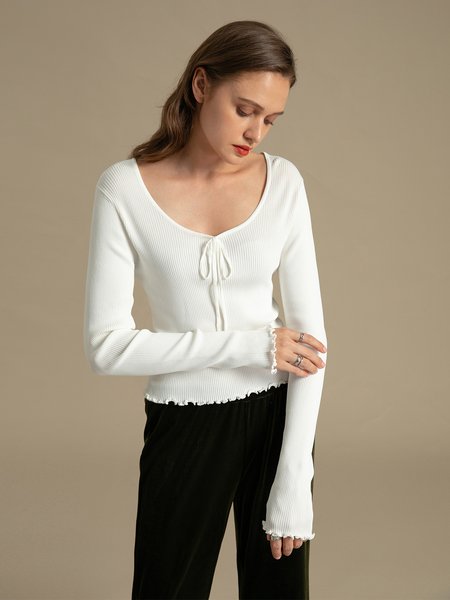 

Round Neck Slightly Stretchy Solid Simple Sweater, White, Pullovers