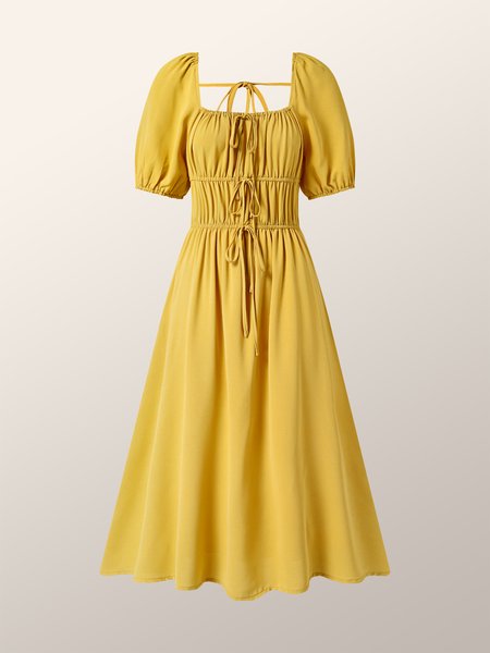 

Elegant puff sleeve tie knot dress, Yellow, Maxi Dresses