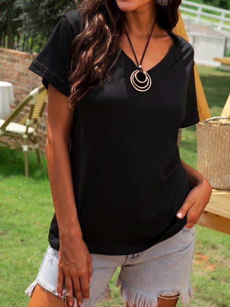 

Short Sleeve Plain V Neck Casual T-shirt, Black, T-Shirts