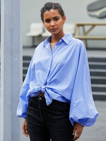 

Fall Spring Long Sleeve Simple Shift Shirt Collar Daily Top, Blue, Blouses and Shirts