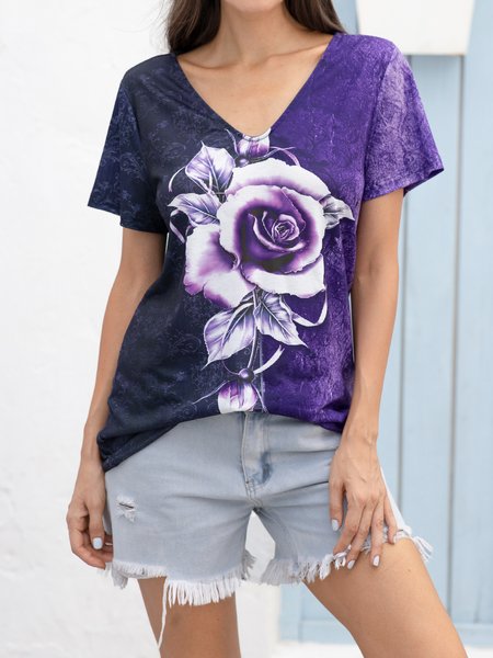 

Short Sleeve Casual V Neck Tops, Purple, T-Shirts