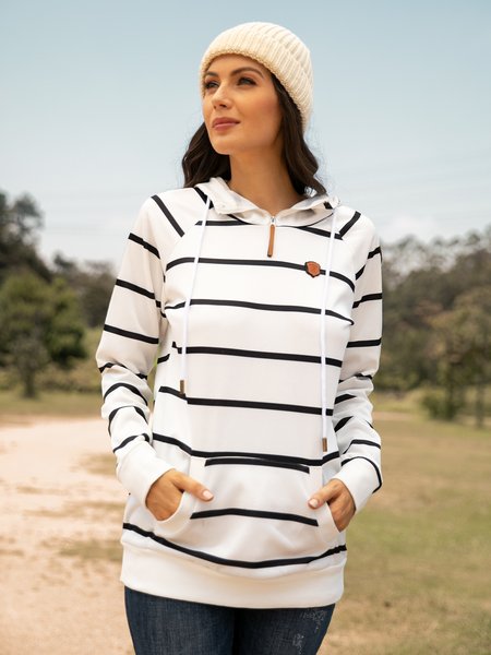 

Stripped Half-zip Hoodie, White, Sweatshirts & Hoodies