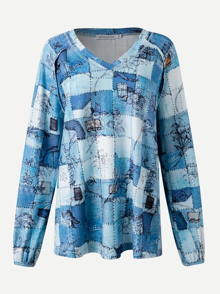 

V Neck Cotton Blends Shirts & Tops, Blue, Tops
