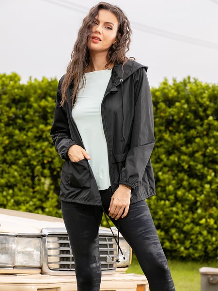 

Polyester Hooded Drawstring Zipped Jacket, Black, Outerwear
