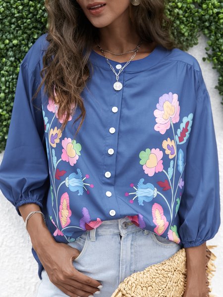 

Women V-Neck Floral-Print Vintage Blouses, Blue, Shirts & Blouses