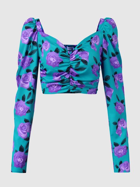 

Square Neck Puff Sleeve Floral Sweet Tops, Green, Tops