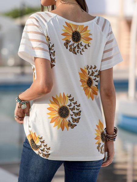

Short Sleeve Cotton-Blend Floral Shirts & Tops, White, T-Shirts