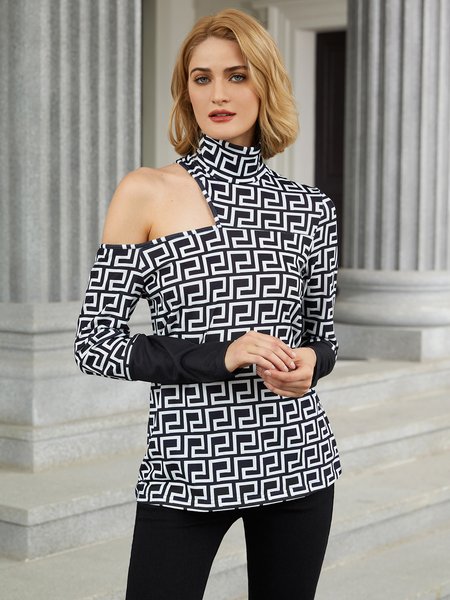 

High Neck Elegant Printed Top, As picture, Tops