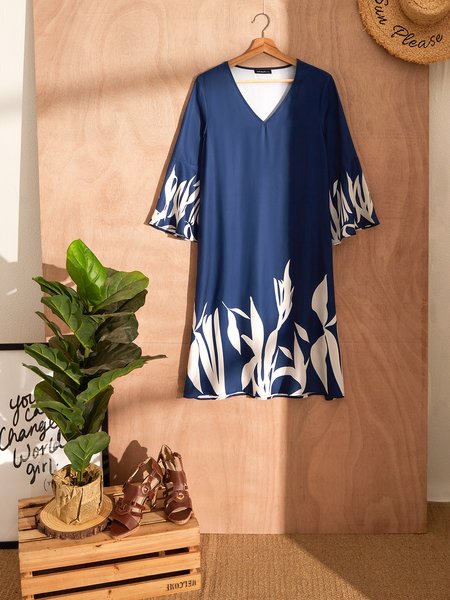 

V Neck Loose Flare Sleeve Dress, Blue, Mini Dresses