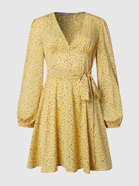 

V Neck Weaving Dress, Yellow, Mini Dresses