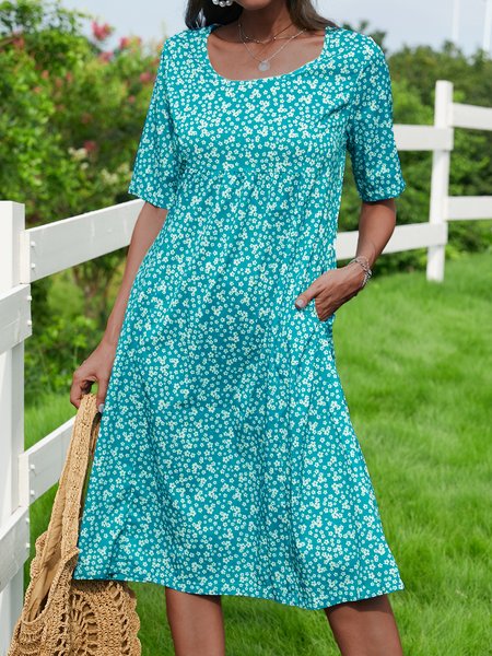 

Shift Short Sleeve Floral Crew Neck Dresses, Light blue, Floral Dresses