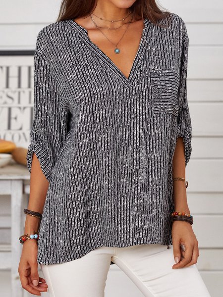 

Stripes V Neck Cotton Long Sleeve Shirts & Tops, Stripe-gray, Blouses & Shirts