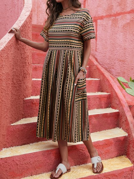 

Short Sleeve Printed Casual Weaving Dress, Multicolor, Boho dresses