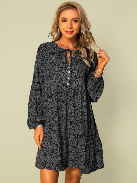 

V Neck Polka Dots Long Sleeve A-Line Dresses, Black, Mini Dresses