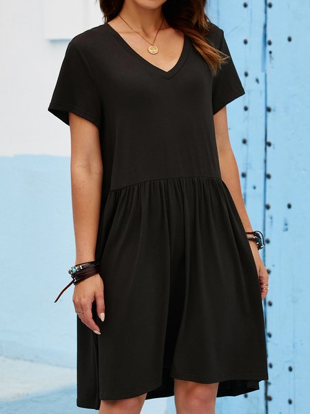 

V Neck Basic Jersey Casual Short Sleeve Knitting Dress, Black, Casual Dresses