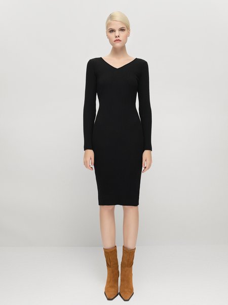 

V Neck Sweater Dresses Daily Acrylic Dress, As picture, Midi Dresses