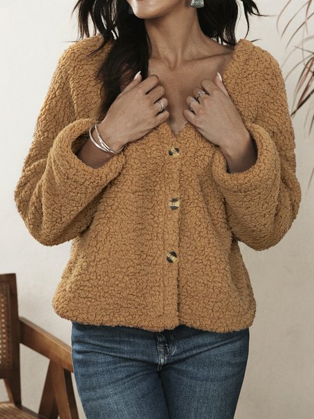

Casual Long Sleeve V Neck Outerwear, Brown, Outerwear