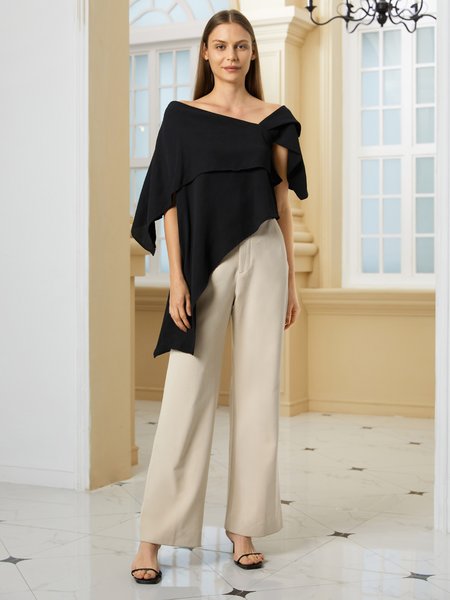 

Stylewe Elegant Solid Off The Shoulder Asymmetric Design Black Top, Blouses and Shirts