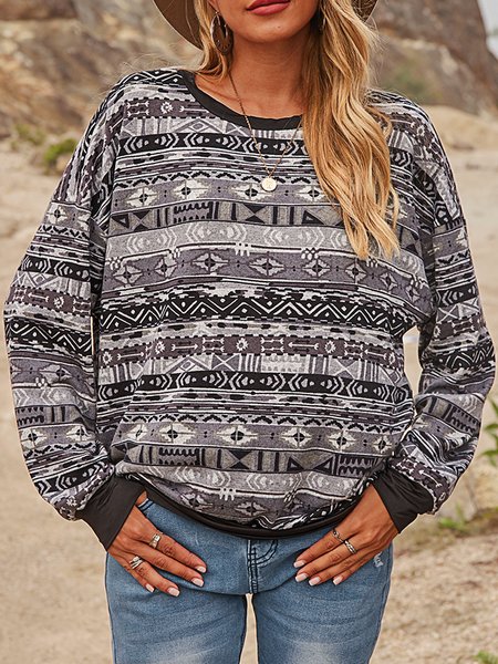 

Gray Boho Long Sleeve Crew Neck Shirts & Tops, T-Shirts