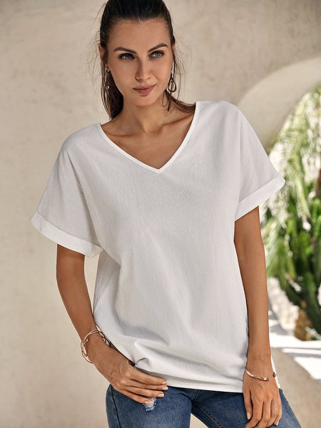 

Casual Short Sleeve Cotton-Blend V Neck Shirts & Tops, White, T-Shirts