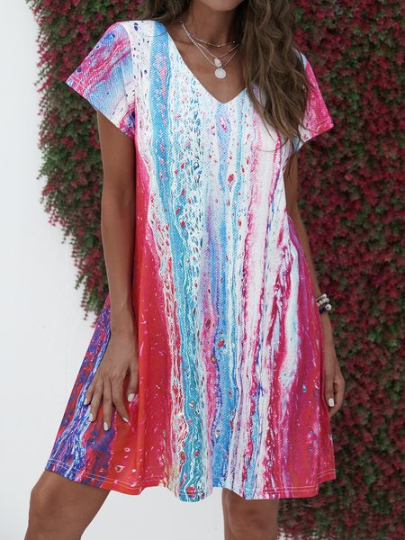 

Tie-Dye Striped Printed Casual V Neck Knitting Dress, As picture, Tie dye dress