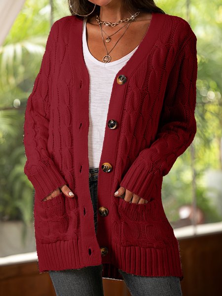 

Long Sleeve Buttoned Casual Outerwear, Wine red, Cardigans