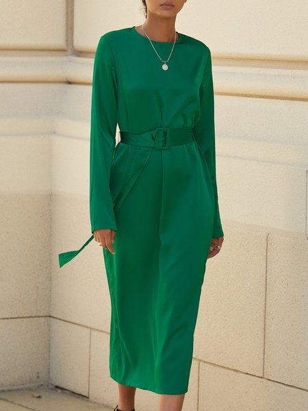 

Fall Spring Long Sleeve Satin Elegant Crew Neck A-Line Dress, Dark green, Midi Dresses