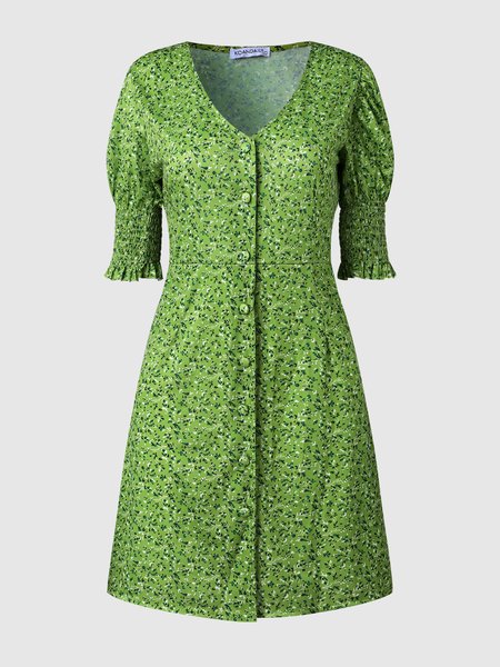 

Puff Sleeve V Neck Dress, Green, Mini Dresses