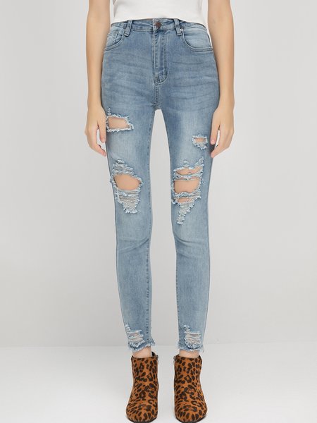 

Cotton Casual Ripped Jeans, Blue, Jeans
