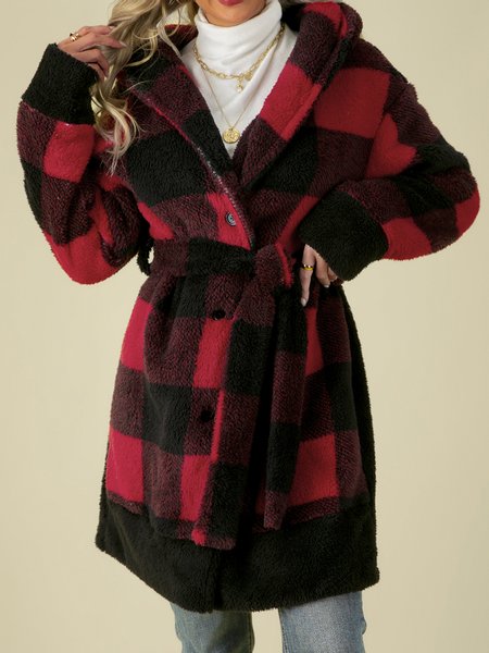 

Regular Fit Hooded Geometric Outerwear With Belt, Red, Coats & Jackets