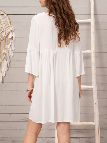 

White Shift Crew Neck Boho Dress, Midi Dresses