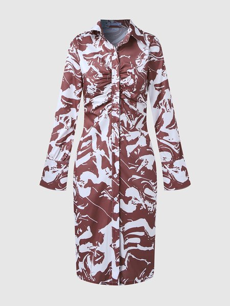 

Lapel Slim Fit Flare Sleeve Knitting Dress, White-brown, Midi Dresses