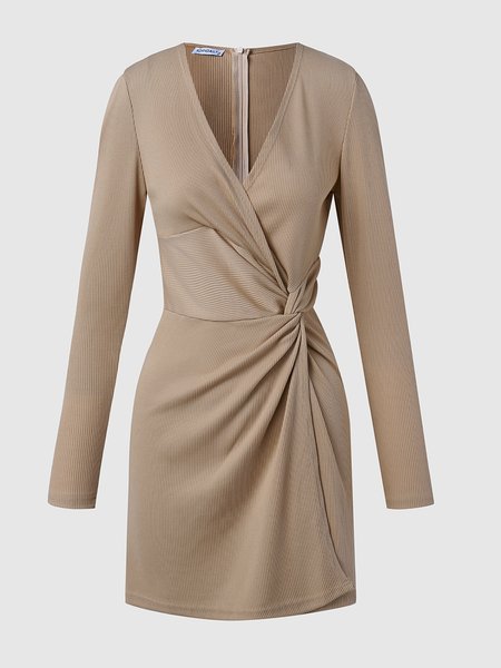 

Knot Front Slit Elegant Dress, Khaki, Mini Dresses