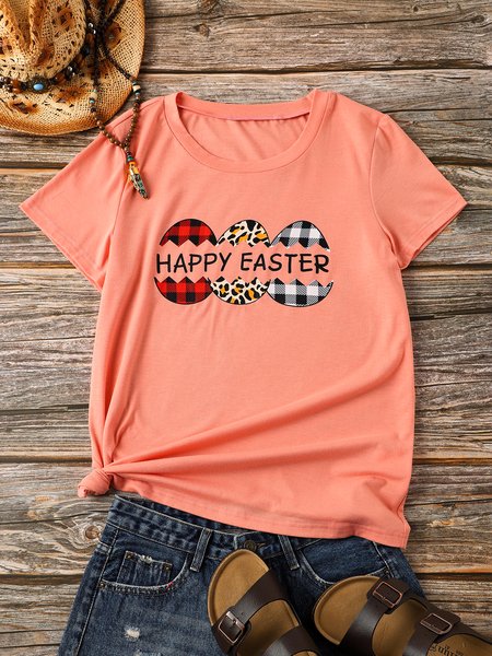 

Round Neck Cartoon Short Sleeve T-shirt, Pink, T-Shirts