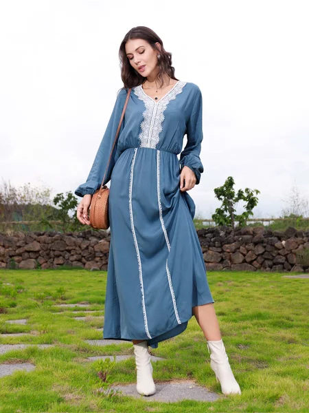 

Casual Long Sleeve Vintage Dresses, Blue, Casual Dresses