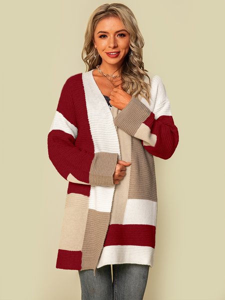 

Color-Block Casual Acrylic Outerwear, Wine red, Cardigans