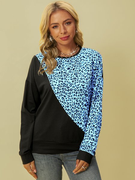 

Casuale Maniche Lunghe Girocollo Top, Blu, T-Shirts