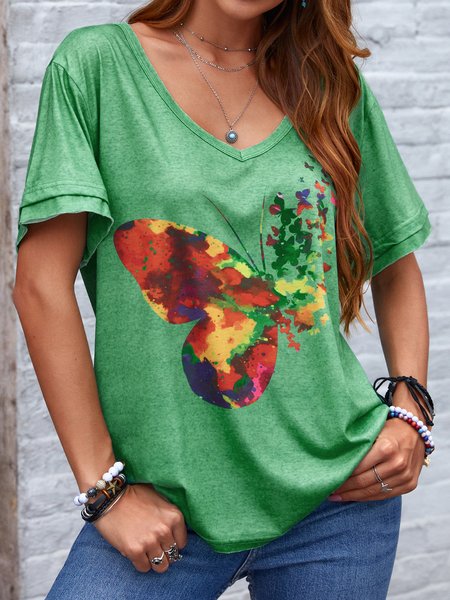

Crew Neck Cotton-Blend Casual Tops, Green, Tees & T-shirts