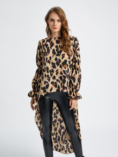 

Leopard Round Neck Casual Blouse, As picture, Blouses and Shirts