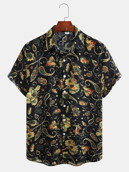 

Men's Hawaiian Cotton Linen Botanical Floral Print Short Sleeve Shirt, As picture, Shirts ＆ Blouse