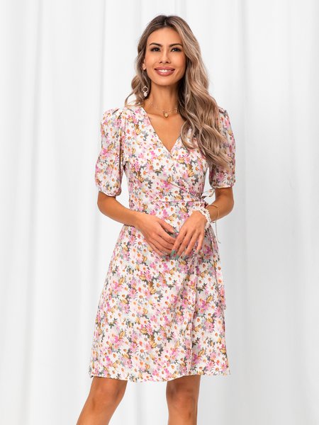 

Short Sleeve Sweet V Neck Weaving Dress, Yellow, Dresses
