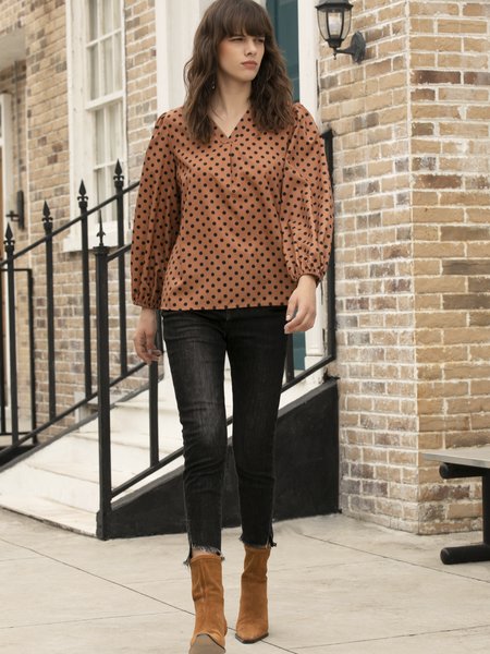 

Fall A-line V Neck Long Sleeve Daily Date Top, Coffee, Blouses and Shirts