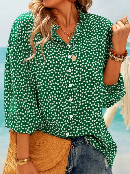 

3/4 Sleeve Boho Floral Printed V Neck Casual Top, Green, Shirts