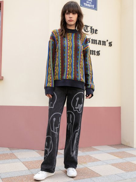 

Casual Denim Printed Pants, As picture, Jeans