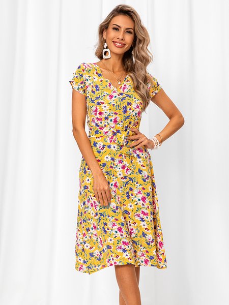 

Sweet Short Sleeve A-Line Floral Weaving Dress, Yellow, Dresses