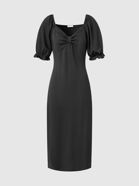 

Solid Slim Fit Knitting Dress, Black, Midi Dresses
