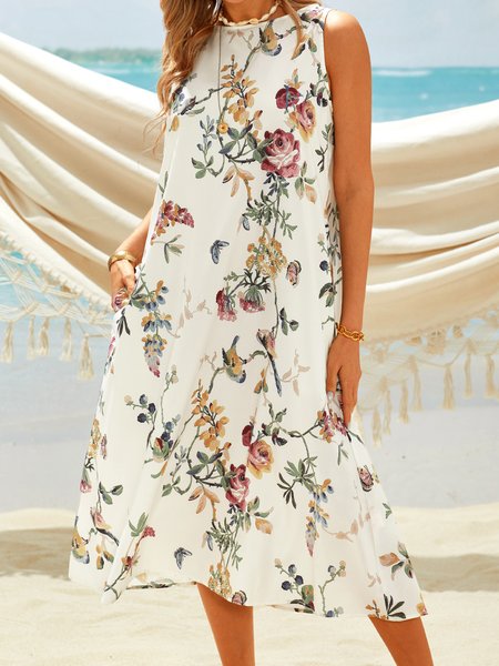 

Vintage Crew Neck Dress, White, Midi Dresses