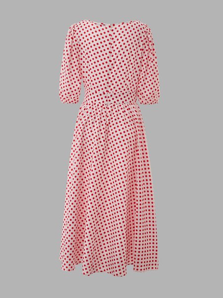 

Polka Dots Crew Neck Elegant Maxi Dress, Red, Midi Dresses