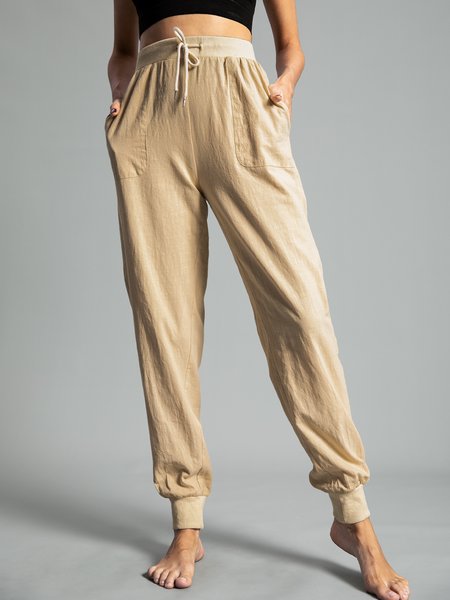 

Solid Drawstring Casual Linen Pants Women Trousers, 0895-kaki, Pants