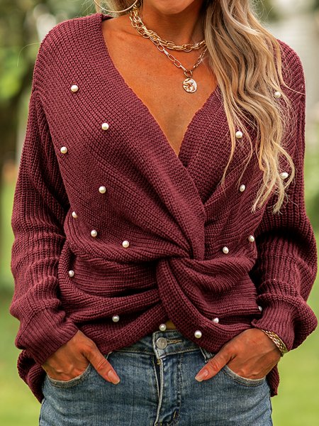 

Adornato di perline Maniche Lunghe Solido Maglione, Vino rosso, Sweater